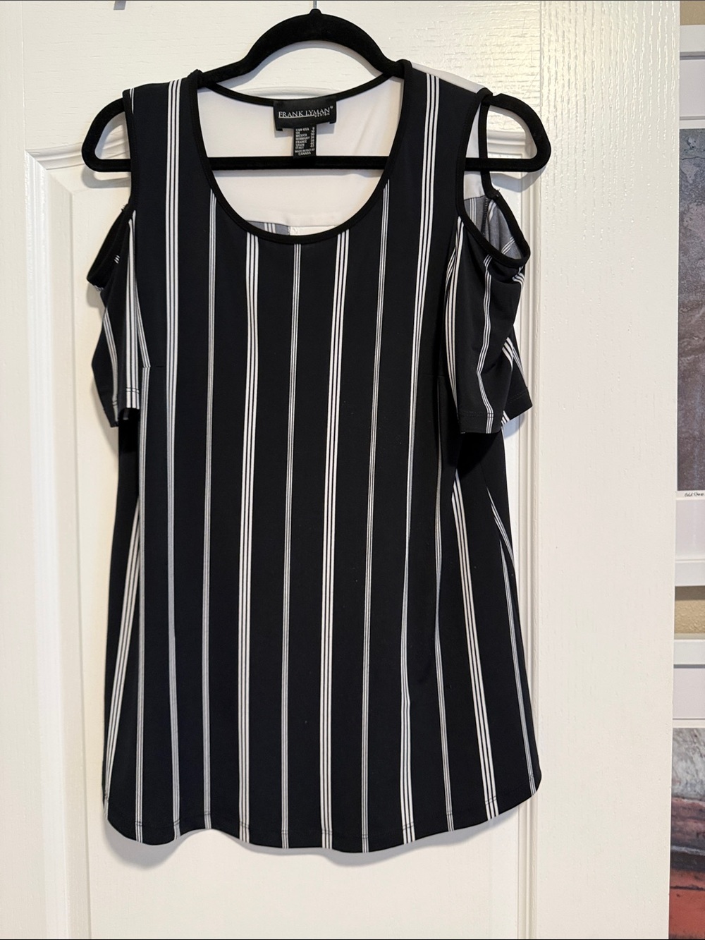 Frank Lyman Design Black and White Striped Cold-Shoulder Blouse